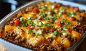 Hobo casserole ground beef with golden melted cheese and tender potato layers in a white baking dish