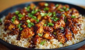 Honey BBQ Chicken Rice with glazed chicken thighs over fluffy rice garnished with green onions in cast iron skillet