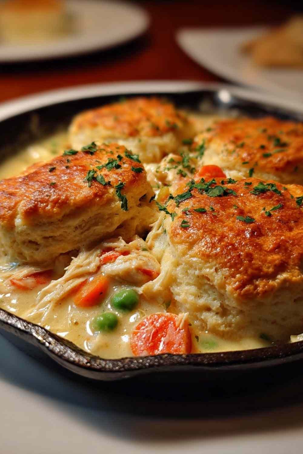 Red Lobster Biscuit Chicken Pot Pie with golden brown cheddar bay biscuit topping and creamy chicken filling
