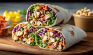 Thai peanut chicken wraps with fresh vegetables and homemade peanut sauce on white plate