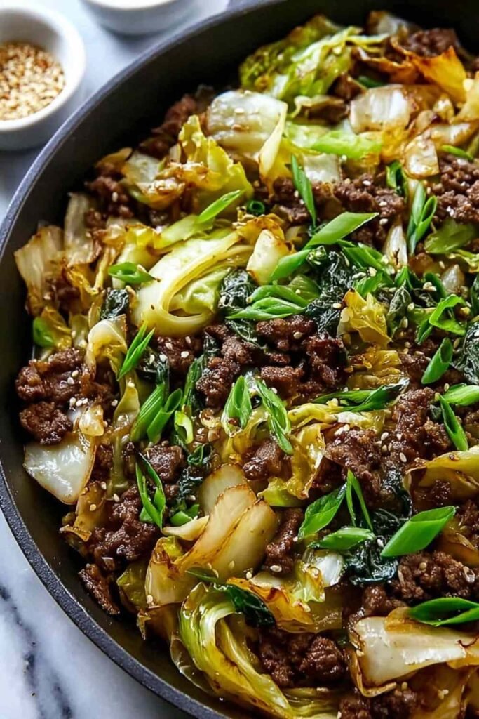 Asian-inspired beef and cabbage skillet with ground beef, green onions, and sesame seeds in large skillet