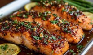 Baked honey garlic salmon fillet with caramelized glaze and green onion garnish on white plate