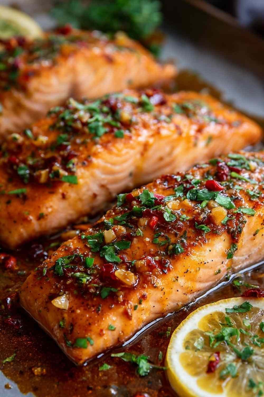 Baked honey garlic salmon fillet with caramelized glaze and green onion garnish on white plate