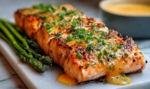 Bang Bang Salmon (Ready in 15 Minutes!) Bang Bang Salmon fillets drizzled with creamy sweet chili sauce and garnished with green onions on white plate