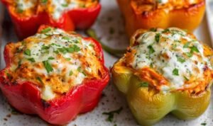 Buffalo chicken stuffed peppers on white plate drizzled with ranch dressing and fresh herbs