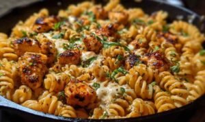 Cheesy Cajun Garlic Chicken Rotini Skillet with creamy cheese sauce in a large skillet ready to serve