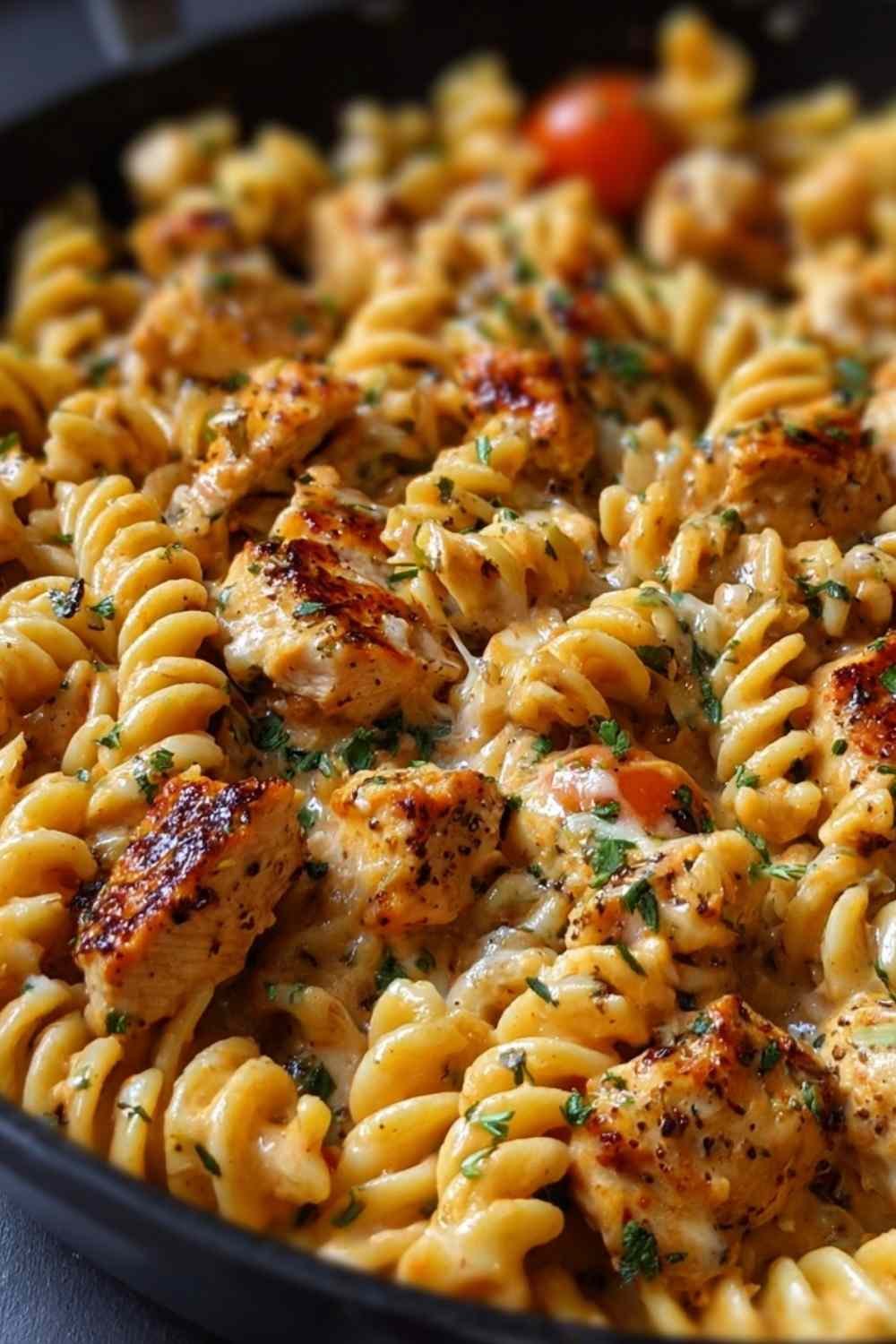 Cheesy Cajun Garlic Chicken Rotini Skillet with creamy cheese sauce in a large skillet ready to serve