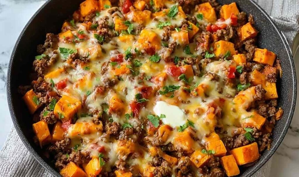 Ground beef sweet potato skillet with melted cheese, poblano peppers and corn in large nonstick pan