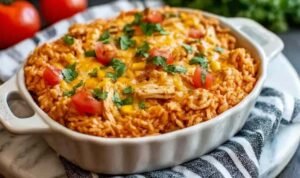 Chicken Enchilada Rice Casserole in baking dish topped with melted cheese and fresh cilantro