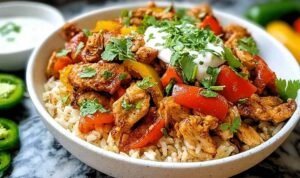 Chicken fajita rice bowl topped with sour cream, avocado, cheese, and cilantro in white bowl