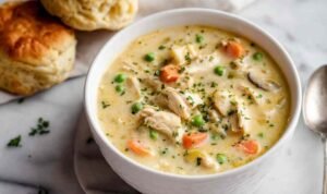 Creamy chicken pot pie soup in white bowl with vegetables and fresh parsley garnish