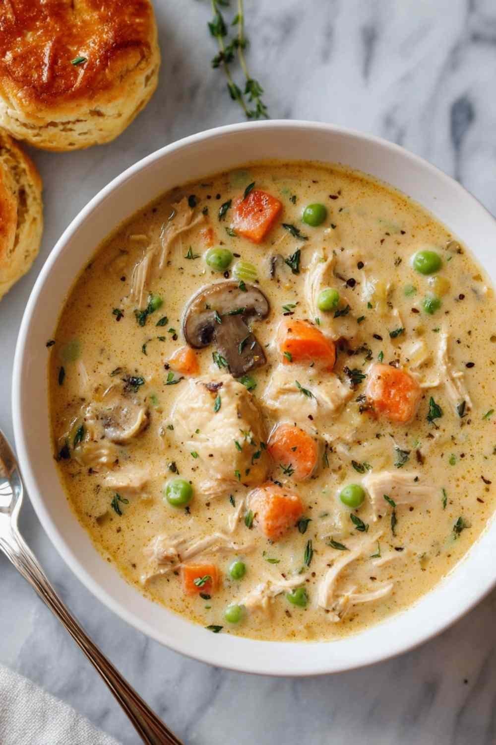 Creamy chicken pot pie soup in white bowl with vegetables and fresh parsley garnish