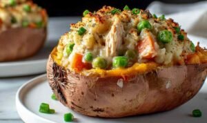 Chicken Pot Pie Stuffed Sweet Potatoes loaded with creamy chicken filling on white plate