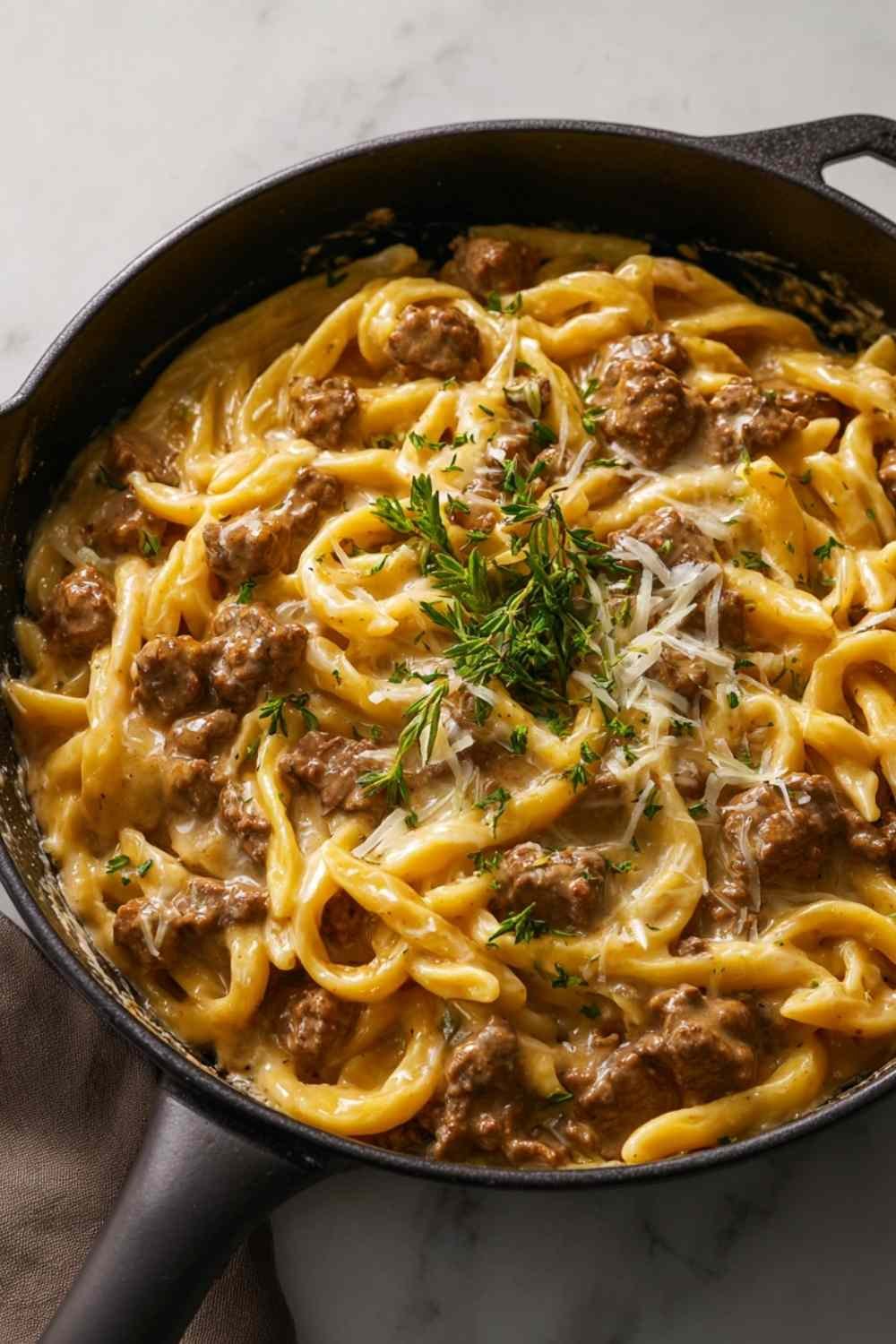 Creamy beef and garlic butter pasta in a large skillet with melted cheese sauce and fresh parsley