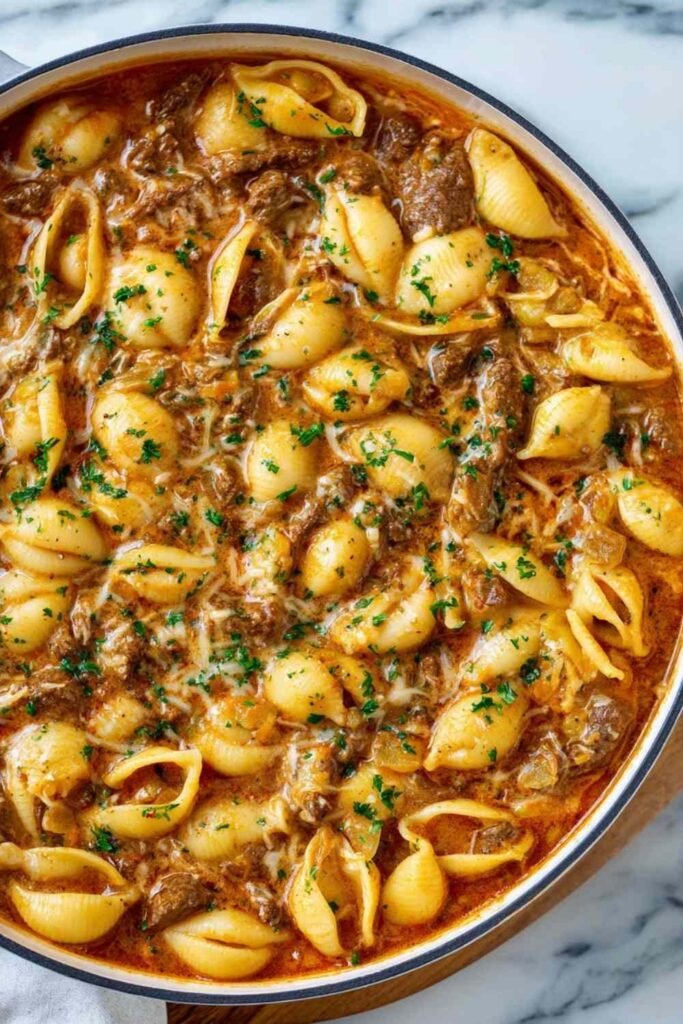 Creamy beef and shells pasta in large skillet with melted cheddar cheese and garnished with fresh parsley