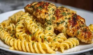 Creamy Garlic Parmesan Chicken with Cheesy Twisted Pasta