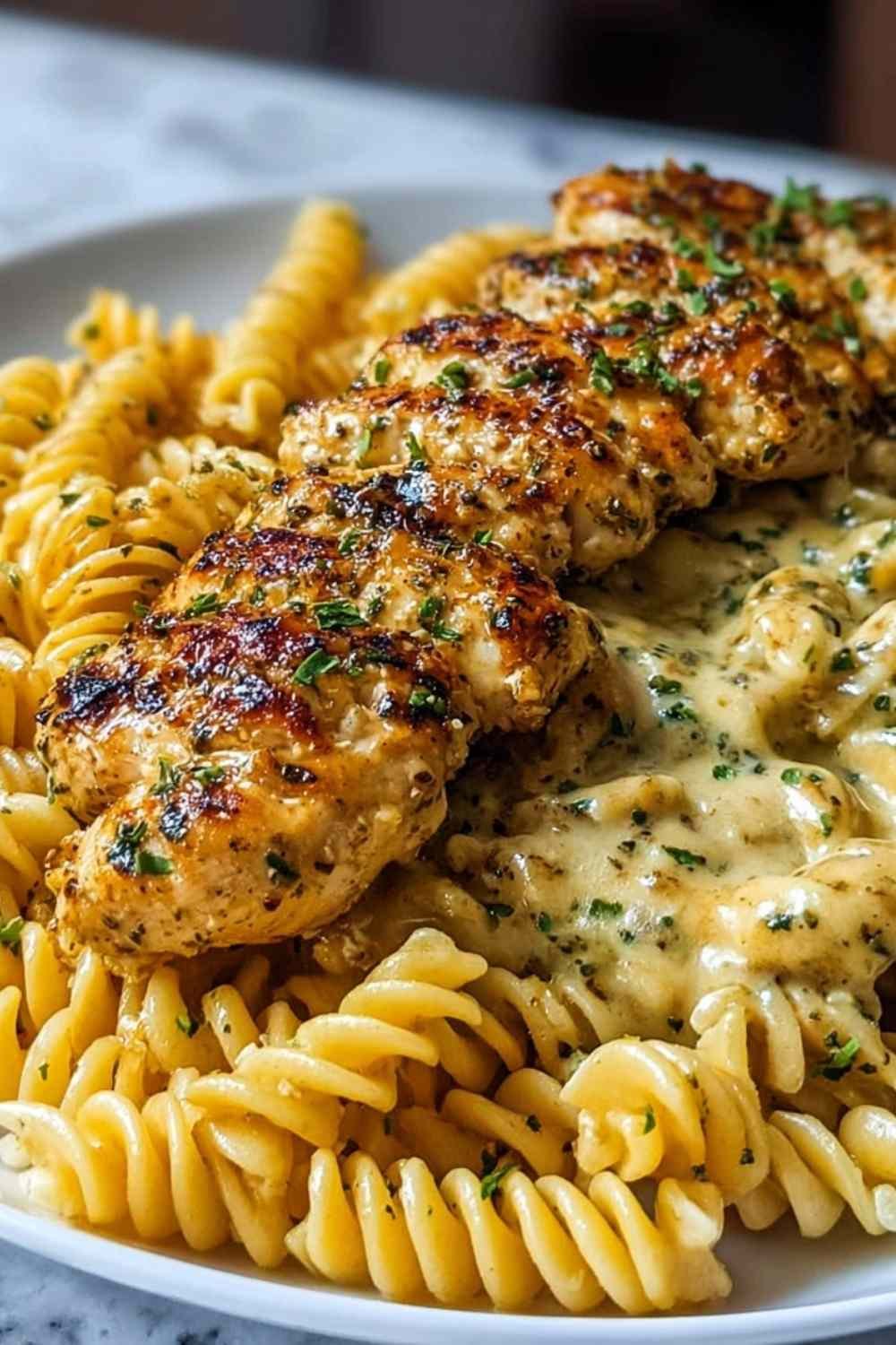 Creamy Garlic Parmesan Chicken with Cheesy Twisted Pasta