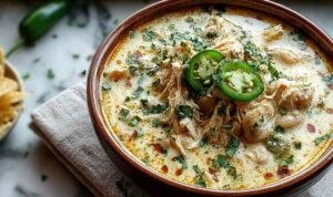 Creamy jalapeño white chicken chili in a white bowl topped with fresh cilantro and avocado slices