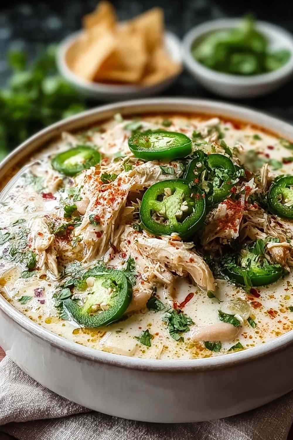 Creamy jalapeño white chicken chili in a white bowl topped with fresh cilantro and avocado slices