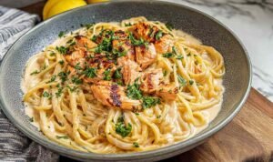 Creamy salmon pasta with fettuccine, flaked salmon, and parmesan cream sauce in large skillet with fresh dill