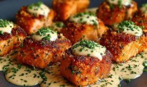 Crispy bang bang salmon bites coated in creamy sauce on white plate with lime wedges