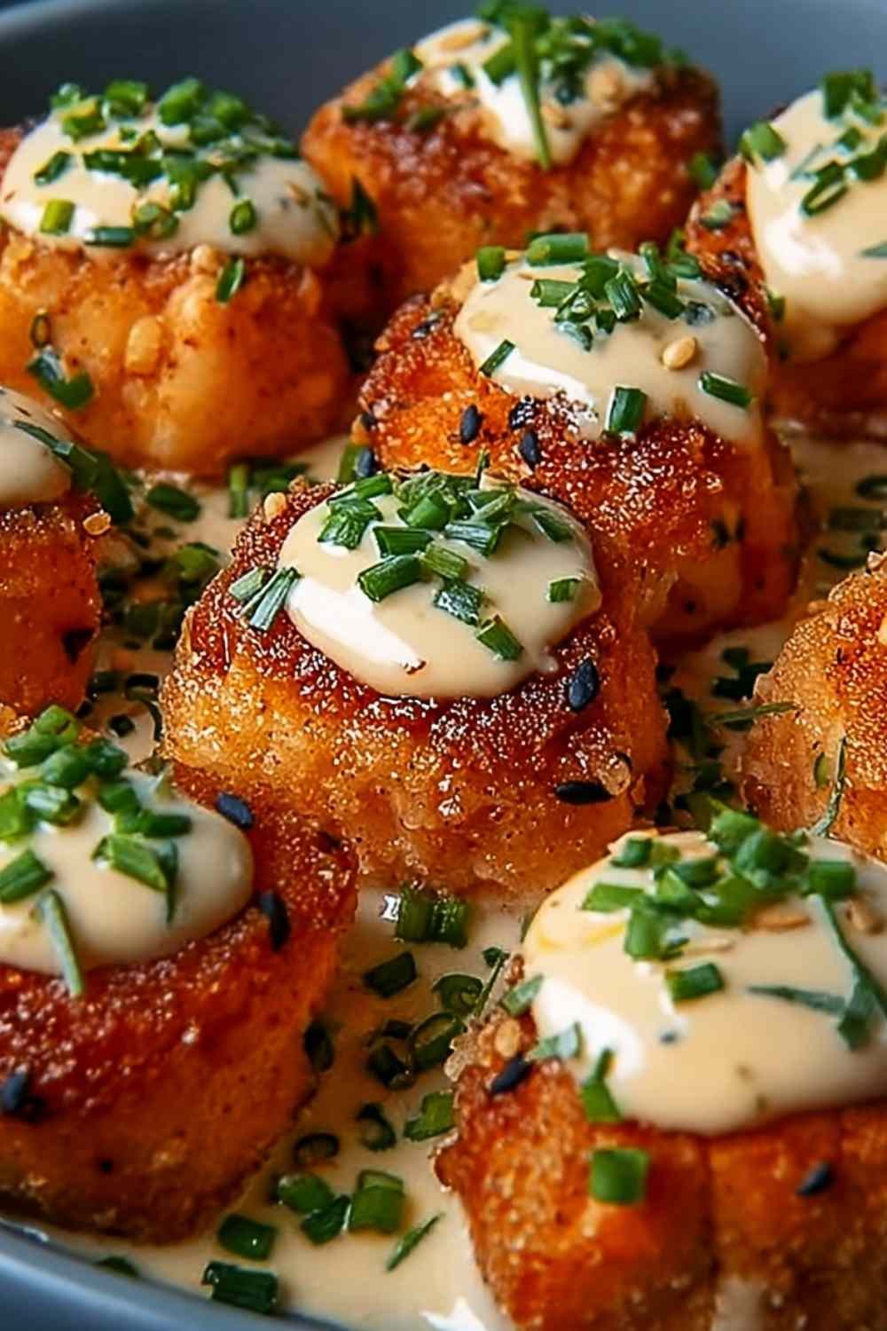 Crispy bang bang salmon bites coated in creamy sauce on white plate with lime wedges