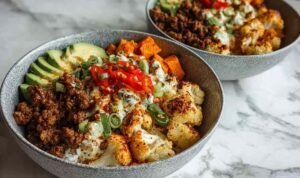 Crispy chile ground beef and cauliflower protein bowls topped with avocado cheese and cilantro in white serving bowl
