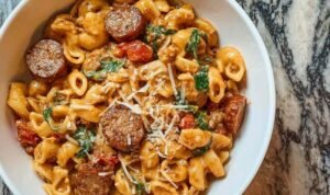 Creamy marry me sausage pasta with Italian sausage and sun-dried tomatoes in skillet garnished with fresh basil and parmesan
