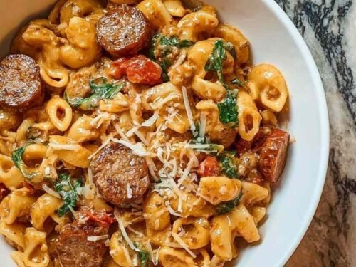Creamy marry me sausage pasta with Italian sausage and sun-dried tomatoes in skillet garnished with fresh basil and parmesan