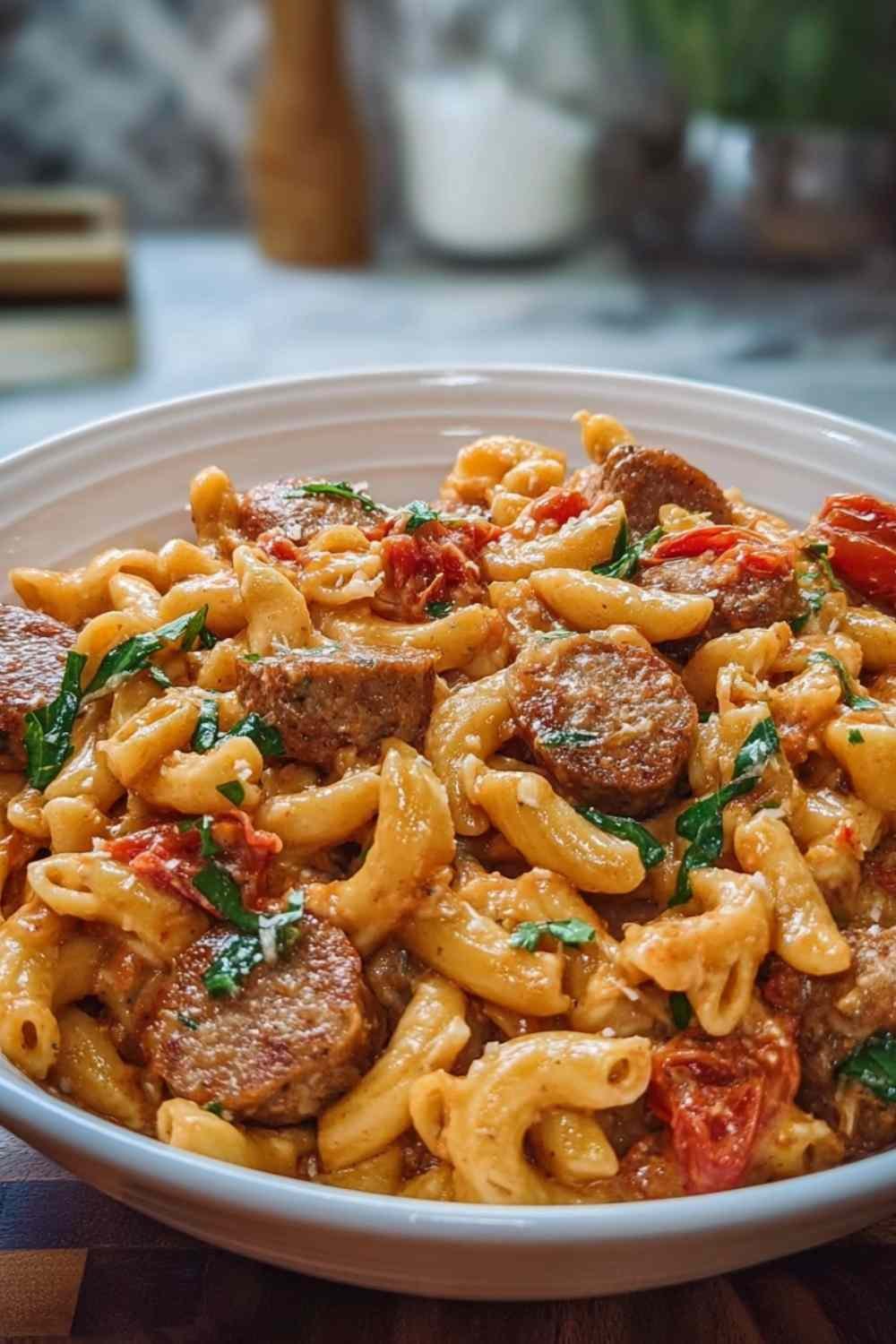 Creamy marry me sausage pasta with Italian sausage and sun-dried tomatoes in skillet garnished with fresh basil and parmesan