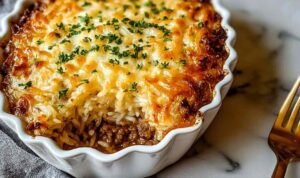 French onion ground beef and rice casserole with melted golden cheese in white baking dish