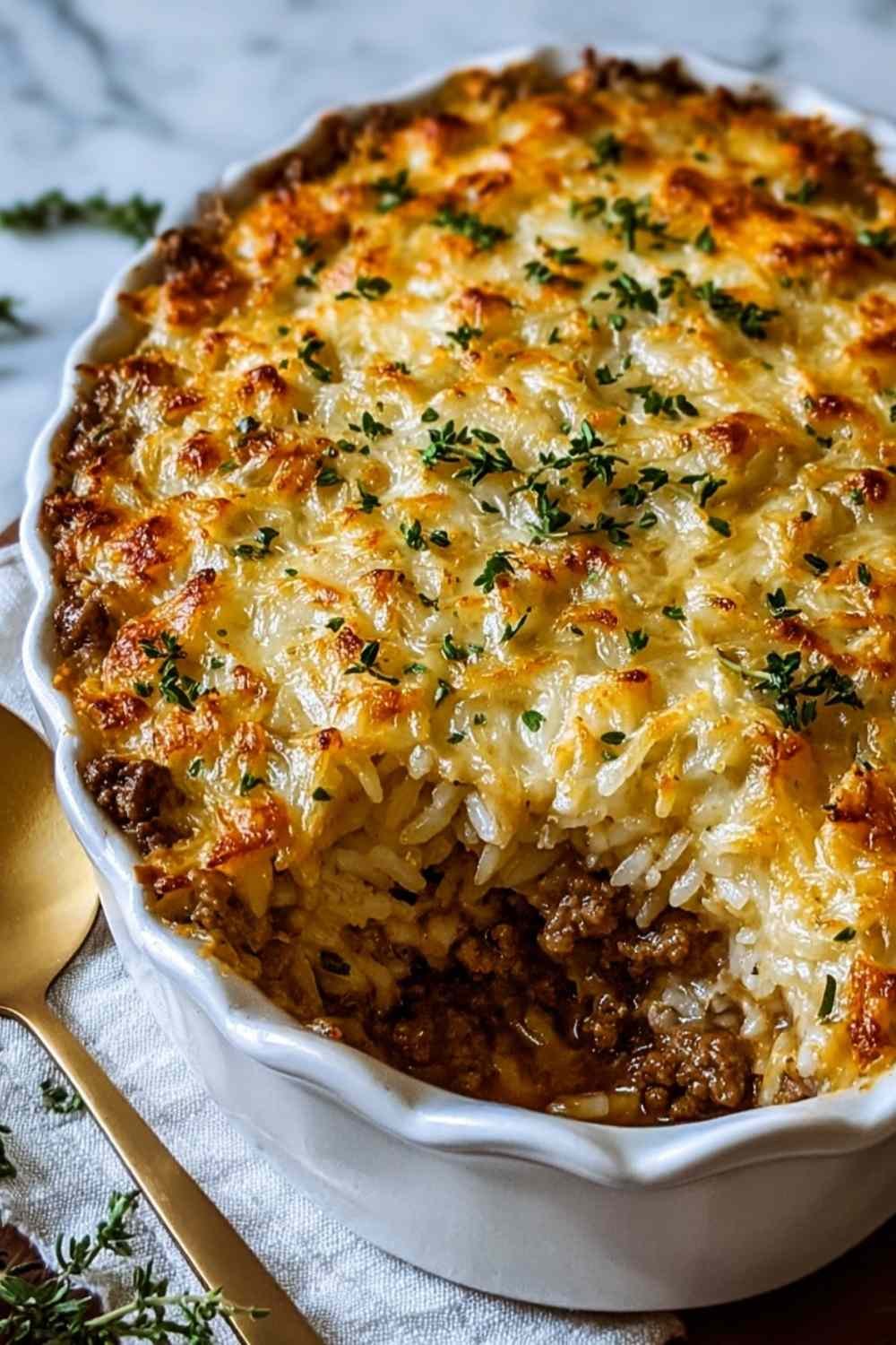 French onion ground beef and rice casserole with melted golden cheese in white baking dish