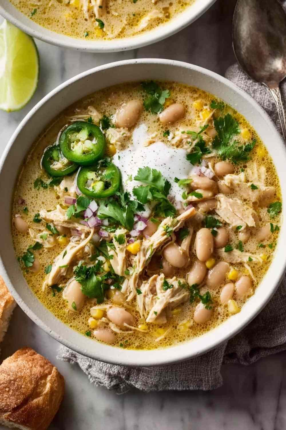 Bowl of creamy ghostly white chicken chili topped with cilantro, sour cream, and shredded cheese