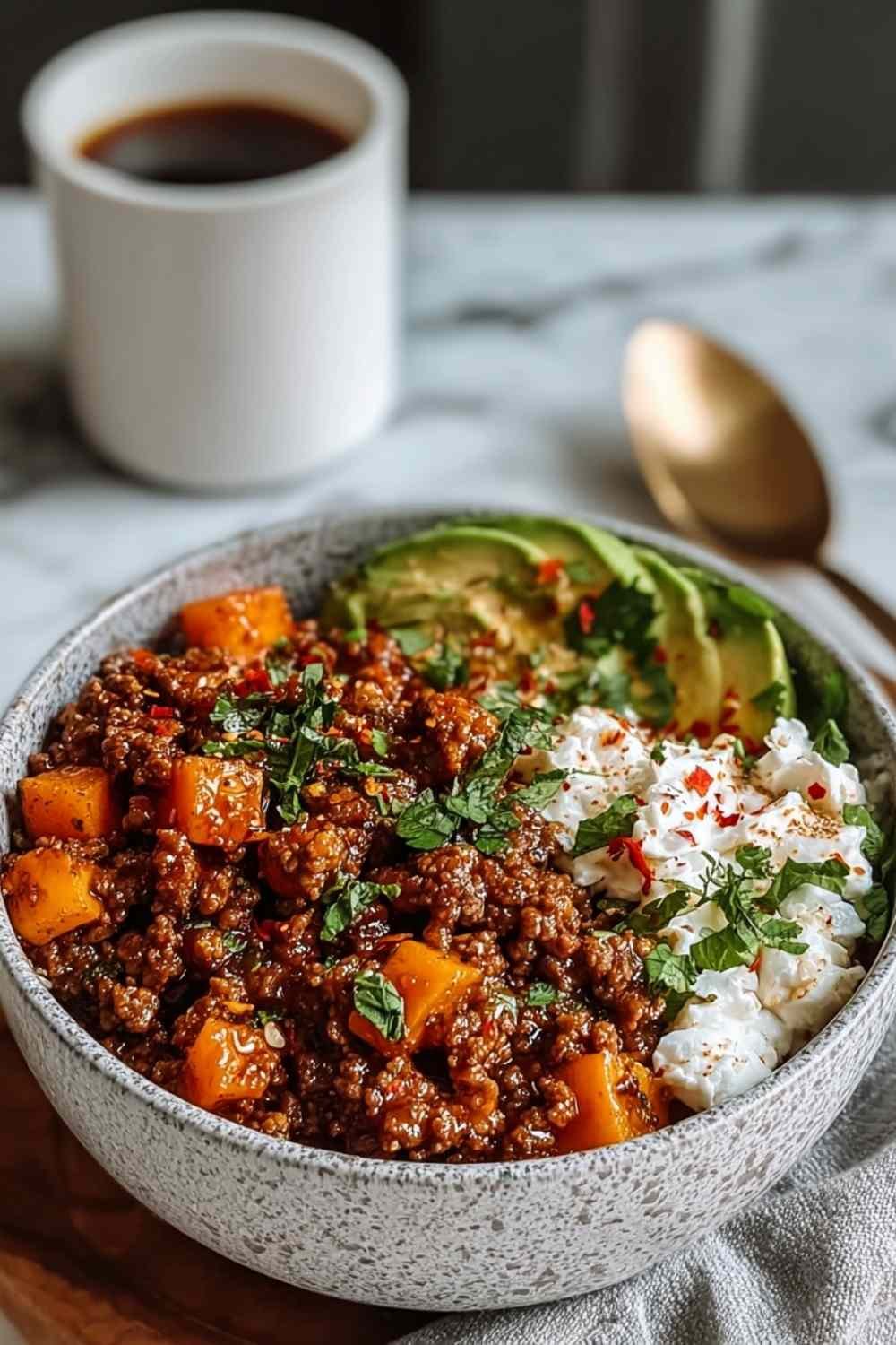 Ground Beef Hot Honey Bowl with roasted sweet potatoes cottage cheese and avocado drizzled with hot honey