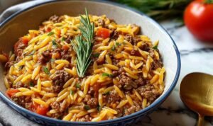 Ground beef orzo recipe in large skillet with melted parmesan cheese and herbs