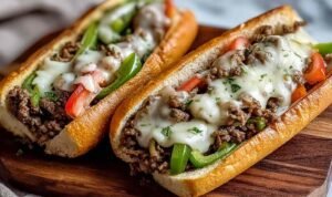 Ground Beef Philly Cheesesteak sandwich with melted provolone cheese, sautéed peppers and onions on hoagie roll