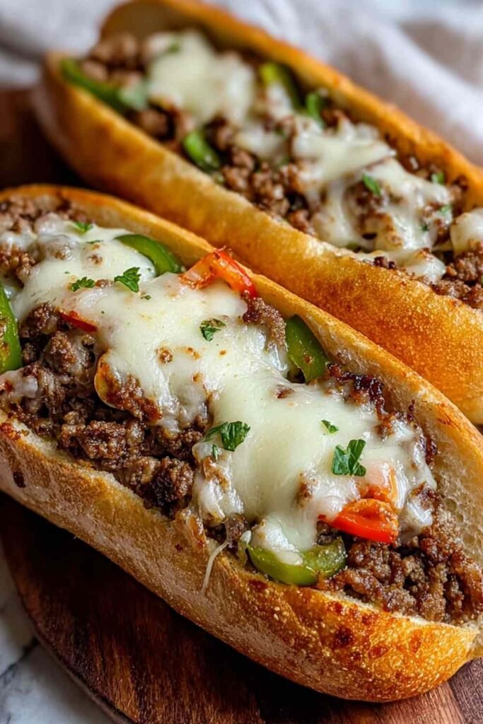 Ground Beef Philly Cheesesteak sandwich with melted provolone cheese, sautéed peppers and onions on hoagie roll