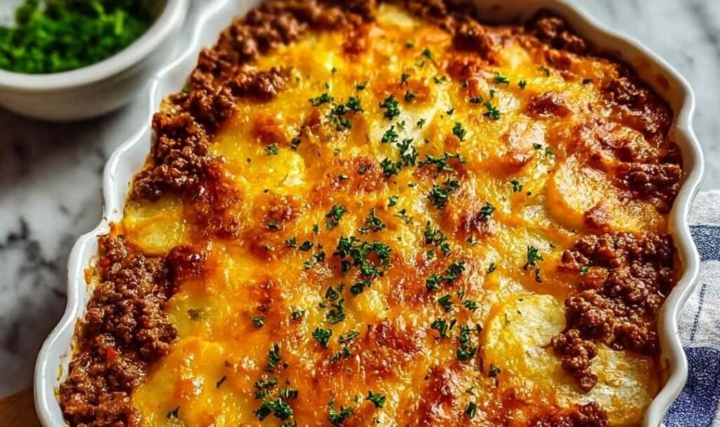 Golden bubbling hobo casserole ground beef with melted cheese and garnish in baking dish