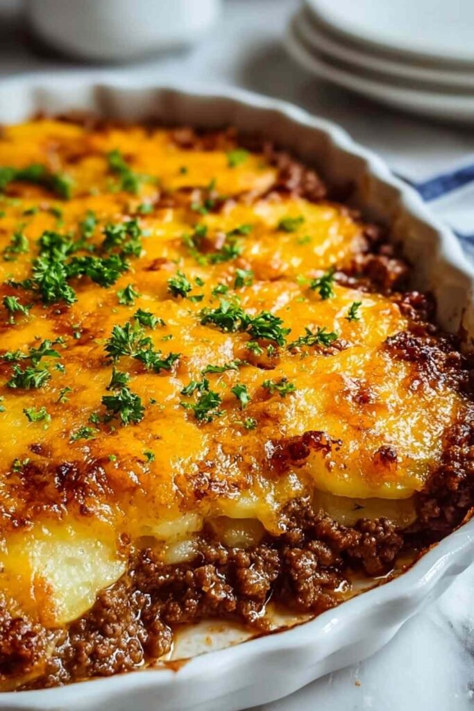 Golden bubbling hobo casserole ground beef with melted cheese and garnish in baking dish