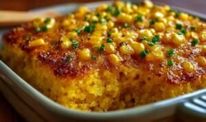 Honey-glazed corn casserole with golden brown top in white baking dish ready to serve