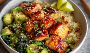 Honey glazed salmon bowls with crispy caramelized salmon, brown rice, cucumber avocado salad, and paprika mayo drizzle