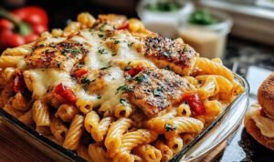 Honey pepper chicken panini pasta in white bowl with creamy sauce and glazed chicken pieces