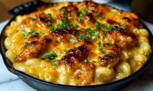 Hot Honey Chicken Mac N Cheese ot Honey Chicken Mac N Cheese with crispy glazed chicken thighs on top of creamy macaroni and cheese