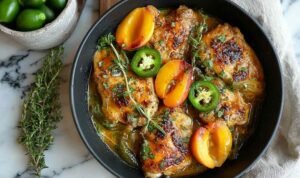 Jalapeno Peach Chicken in oven-safe skillet with golden sauce and diced peaches