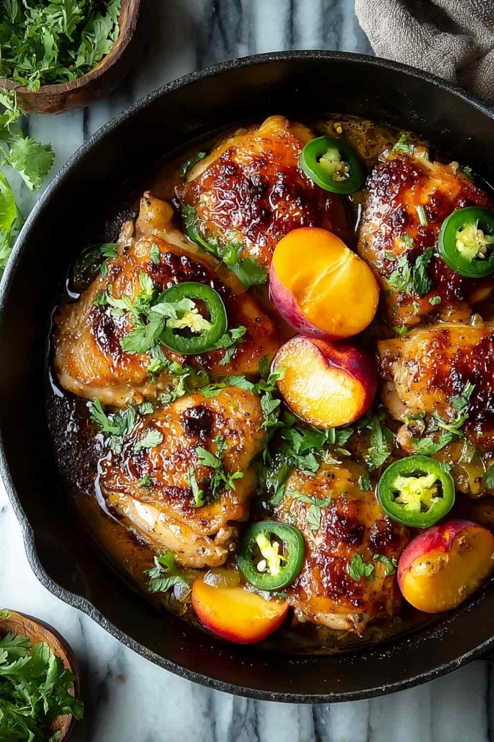 Jalapeno Peach Chicken in oven-safe skillet with golden sauce and diced peaches
