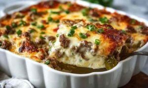 Low carb philly cheesesteak casserole with melted cheese in 9x13 baking dish