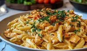 Creamy Marry Me Chicken Pasta with golden chicken and fettuccine in rich garlic Parmesan sauce in skillet