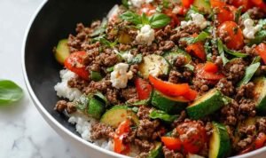 Mediterranean ground beef stir-fry in skillet with bell peppers zucchini tomatoes olives and feta cheese