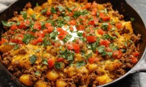 Mexican ground beef and potato skillet with melted cheese and cilantro in cast iron pan