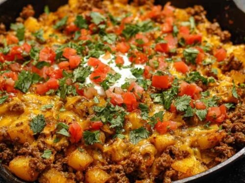 Mexican ground beef and potato skillet with melted cheese and cilantro in cast iron pan